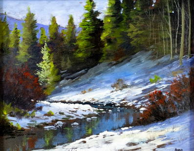Douglas Bumo Johnpeer (CA,b 1970) oil painting: ARTIST: Douglas Bumo Johnpeer (California, born 1970) TITLE: Landscape - A Colorful Winter (titled on verso) MEDIUM: oil on canvas board CONDITION: Very good. No visible inp