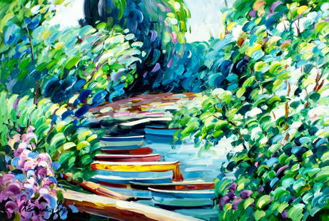 Lisandro Baylon (Argentina,US,1951-?) oil painting: ARTIST: Lisandro Lopez Baylon (Argentinian, American, 1951 - ???) TITLE: River Landscape with Boats MEDIUM: oil on canvas CONDITION: Unstretched (In-House stretching avail