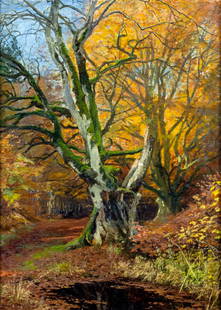 Viggo Langer (Denmark,Germany,1860-1942) oil painting antique: ARTIST: Olaf Viggo Peter Langer (Danish, German, 1860 - 1942) TITLE: Autumn Forest Landscape MEDIUM: oil on canvas CONDITION: Some flaking/paint losses. Some craquelure. F