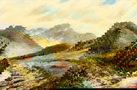 Alexander Nelke (NY,SC,Estonia,1894-1974) oil painting: ARTIST: Alexander Nelke (New York, South Carolina, Estonian, 1894 - 1974) TITLE: Mountain River Landscape MEDIUM: oil on canvas CONDITION: Few minor paint losses. Minor cr