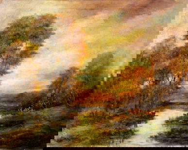 E Proctor (US,early 20C) oil painting: ARTIST: E Proctor (American, early 20 century) TITLE: Sunset River Landscape MEDIUM: oil on canvas CONDITION: Some patches/repaired tears. Some small damages to the edges of