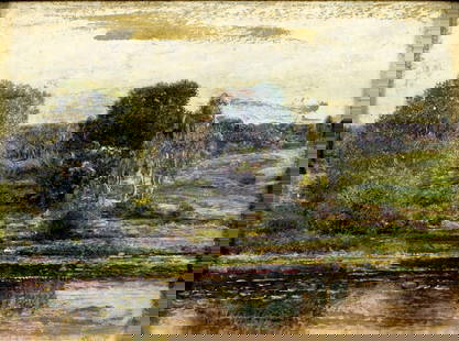 Oldrich Farsky (IL,CA,Czech,1860-1930) oil painting antique: ARTIST: Oldrich Farsky (Illinois, California, Czech Republic, Germany, 1860 - 1930) TITLE: Lake Landscape MEDIUM: oil on board CONDITION: Few small scratches/paint losses.