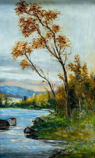 Lucie Malfilatre (France,1871-?) oil painting: ARTIST: Lucie Malfilatre (French, 1871 - ???) TITLE: Autumn River Landscape MEDIUM: oil on canvas CONDITION: Minor scratches/paint losses. No visible inpaint under UV ligh