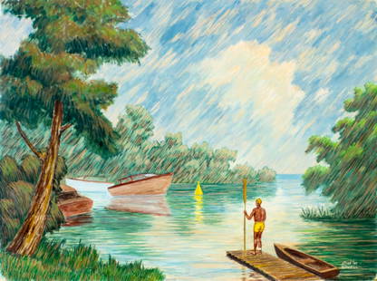 Alfred Lee Rowell (CO,mid 20C) oil painting: ARTIST: Alfred Lee Rowell (Colorado, mid 20 century) TITLE: The Yellow Buoy (titled on verso) MEDIUM: oil on board CONDITION: Some small damages to corners and right edge. F