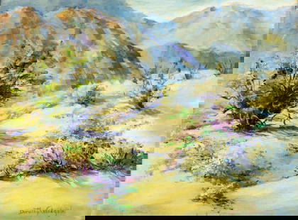 Dorothy Glasgow (CA,mid 20C) oil painting: ARTIST: Dorothy Glasgow (California, mid 20 century) TITLE: Desert Landscape - Wild Flowers (titled on verso) YEAR: 1963 MEDIUM: oil on canvas board CONDITION: