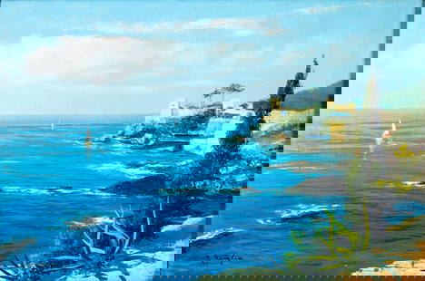 Giuseppe Arigliano (Italy,1917-1999) oil painting: ARTIST: Giuseppe Arigliano (Italian, 1917 - 1999) TITLE: Coastal Landscape with Sailboat MEDIUM: oil on canvas CONDITION: One small patch with corresponding paint losses.