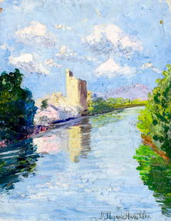 Hildegarde Hamilton (FL,VA,1898-1970) oil painting: ARTIST: Hildegarde Hume Hamilton (Florida, Virginia, 1898 - 1970) TITLE: River Landscape with Castle MEDIUM: oil on canvas CONDITION: Some paint losses. Minor craquelure.