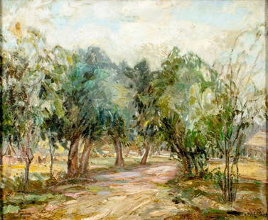 Antique early 20C European oil painting signed: ARTIST: - (European, early 20 century) TITLE: Country Path Landscape MEDIUM: oil on canvas CONDITION: Few small paint losses. Some craquelure. No visible inpaint under UV