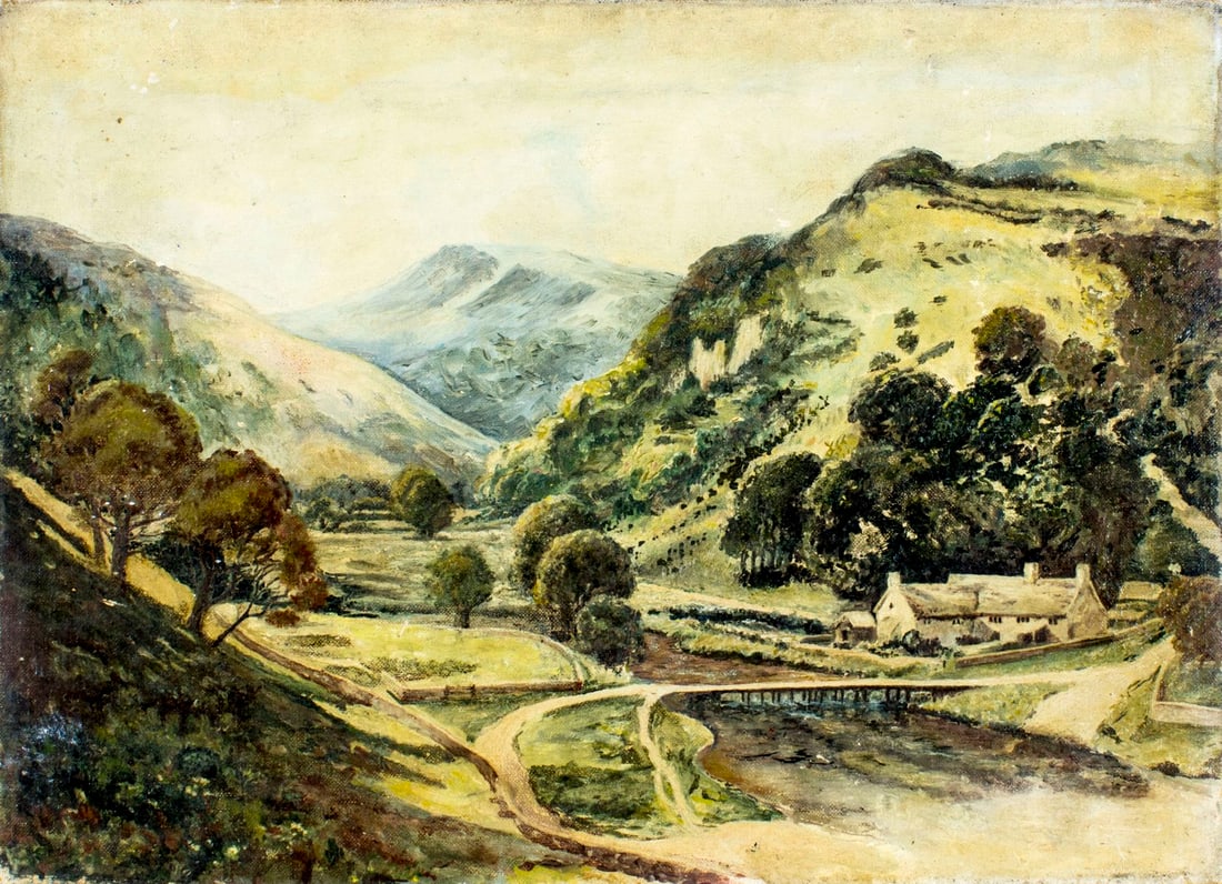 Antique mid 20C American oil painting: ARTIST: - (American, mid 20 century) NAME: Mountain Landscape MEDIUM: oil on canvas board CONDITION: Normal wear along edges. No visible inpaint under UV light. SIGHT SIZE: 11 1/2 x 16 in