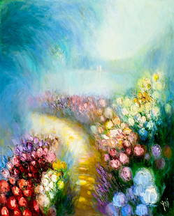 Yolanda Razzeto (Peru,1948-?) oil painting: ARTIST: Yolanda Razzeto (Peruvian, 1948 - ???) TITLE: Flower Path Landscape MEDIUM: oil on canvas CONDITION: Unstretched (In-House stretching available). Few small paint l
