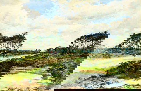 William Grylls Addison (UK,?-1904) watercolor painting antique: ARTIST: William Grylls Addison (United Kinfgdom, ??? - 1904) TITLE: Landscape with Hunters MEDIUM: watercolor on paper. Paper applied to board. CONDITION: One small tear t