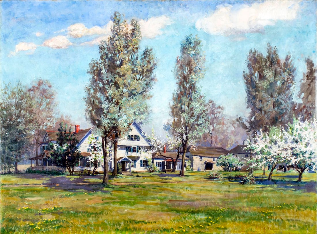 B Forster (US,19C) oil painting antique: ARTIST: B Forster (American, 19 century) NAME: Village Landscape YEAR: 1925 MEDIUM: oil on canvas CONDITION: Relined. Minor craquelure. No visible inpaint under UV light.