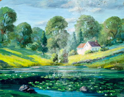 George Holloway (NJ,20C) oil painting: ARTIST: George Holloway (New Jersey, 20 century) TITLE: Country Pond Landscape with Mansion MEDIUM: oil on board CONDITION: Some damages to corners. Some flaking/paint losse