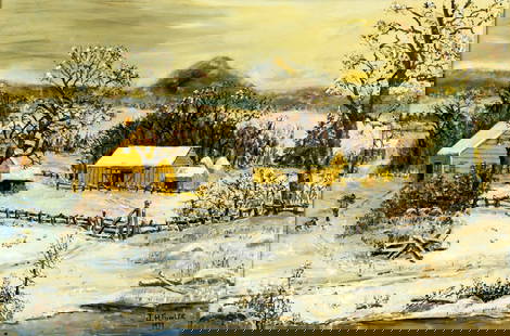 J H Fowler (US,20C) oil painting: ARTIST: J H Fowler (American, 20 century) TITLE: Winter Country Landscape YEAR: 1977 MEDIUM: oil on canvas CONDITION: Few very minor paint losses. No vis