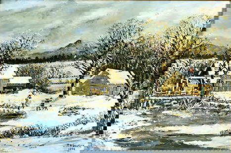 J H Fowler (US,20C) oil painting: ARTIST: J H Fowler (American, 20 century) TITLE: Winter Watermill Landscape YEAR: 1978 MEDIUM: oil on canvas CONDITION: Few very minor scratches/paint lo