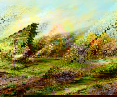 F Berthy (Europe,20C) oil painting: ARTIST: F Berthy (European, 20 century) TITLE: Village Landscape MEDIUM: oil on canvas CONDITION: Unstretched (In-House stretching available). Very good. No visible inpaint