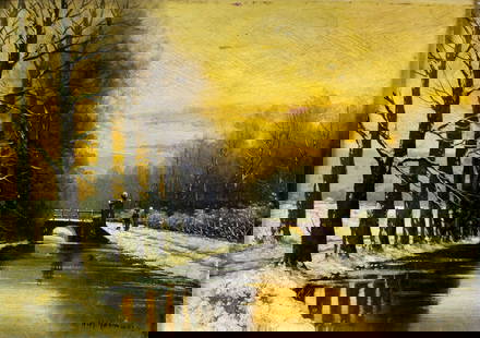 Hermans (Europe,early 20C) oil painting antique: ARTIST: Hermans (European, early 20 century) TITLE: Sunset Winter River Landscape MEDIUM: oil on board CONDITION: Few horizontal surface cracks by the right edge. Few small