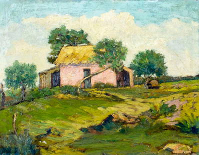 Antique early 20C American oil painting: ARTIST: - (American, early 20 century) TITLE: Country Landscape MEDIUM: oil on board CONDITION: Few small paint losses in lower left corner. Minor craquelure. No visible