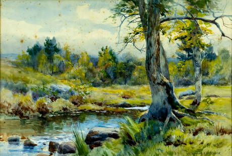 Melbourne Hardwick (MA,Canada,1857-1916) watercolor painting antique: ARTIST: Melbourne Havelock Hardwick (Massachusetts, Canadian, 1857 - 1916) TITLE: Autumn River Landscape MEDIUM: watercolor on paper CONDITION: Some foxing. Framed under