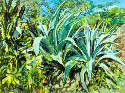 Evelyn Metzger (NY,Brazil,1911-2007) oil painting: ARTIST: Evelyn Borchard Metzger (New York, Brazilian, 1911 - 2007) TITLE: Landscape with Aloe MEDIUM: oil on board CONDITION: Minor damages to corners. Few small paint los