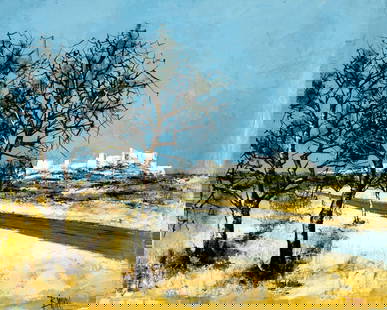 Manuel Monton Bunuel (Spain,1940-?) oil painting: ARTIST: Manuel Monton Bunuel (Spanish, 1940 - ???) TITLE: Village Landscape MEDIUM: oil on canvas CONDITION: Unstretched (In-House stretching available). Very good. No vis