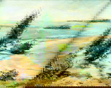 A Gridley (US,20C) oil painting: ARTIST: A Gridley (American, 20 century) TITLE: Coastal Landscape MEDIUM: oil on canvas CONDITION: Some flaking/paint losses. Some craquelure. Some scattered inpaintings.