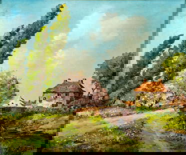 Georges Bodson (US,1901-?) oil painting: ARTIST: Georges Bodson (US, 1901 - ???) TITLE: Countryside Landscape with Bridge MEDIUM: oil on canvas CONDITION: Overall good. No visible inpaint under UV light.