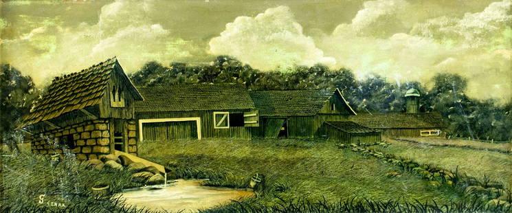 Vintage 20C American oil painting signed: ARTIST: - (American, 20 century) TITLE: Homestead (titled on verso) MEDIUM: oil on board CONDITION: Some scratches/paint losses. No visible inpaint under UV light. Minor d