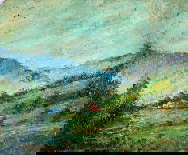 ATTRIB Anne Minor (CT,1864-1947) oil painting antique: ARTIST: ATTRIBBUTED TO Anne Rogers Minor (Connecticut, 1864 - 1947) TITLE: Mountain Landscape with Houses MEDIUM: oil on board CONDITION: Some damages to the upper left co