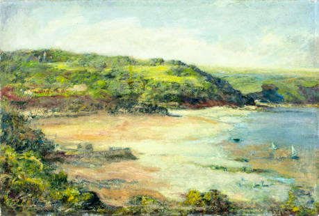 Antique 19C American oil painting: ARTIST: - (American, 19 century) TITLE: Coastal Landscape with Sailboats MEDIUM: oil on canvas CONDITION: Relined. Some small scratches/paint losses mostly along edges. So