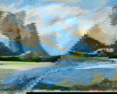 Robert Waltsak (NJ,b 1944) oil painting: ARTIST: Robert Alan Waltsak (New Jersey, born 1944) TITLE: Mountain Lake Landscape with House MEDIUM: oil on canvas CONDITION: Few very minor scratches/paint losses along ed
