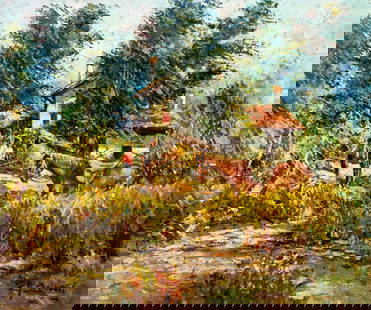 Gustavo Bellusci (Italy,1945-?) oil painting: ARTIST: Gustavo Bellusci (Italian, 1945 - ???) TITLE: Village Scene with Horse MEDIUM: oil on canvas CONDITION: Unstretched (In-House stretching available). Minor paint lo