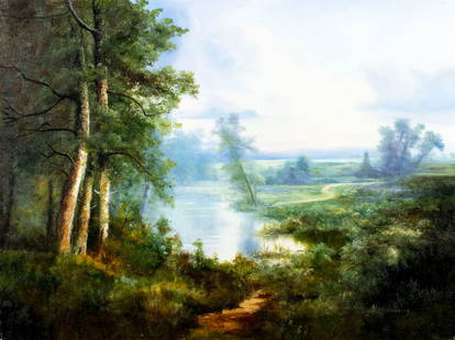 Ron Williams (TN,1947-2016) oil painting: ARTIST: Ron Williams (Tennessee, 1947 - 2016) TITLE: River Landscape MEDIUM: oil on canvas CONDITION: Overall good. No visible inpaint under UV light. Normal wear along ed