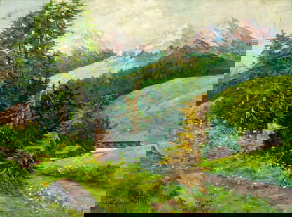Konstantin Stoitzner (Austria,Germany,1863-1934) oil painting antique: ARTIST: Constantin Stoitzner (Czech, Austrian, German, 1863 - 1934) NAME: Alpine Landscape MEDIUM: oil on canvas CONDITION: Very good. No visible inpaint under UV light. SIGHT SIZE: 23 x