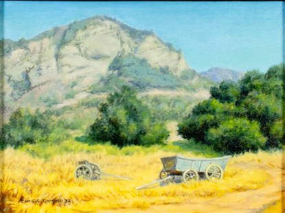 Camille DuMond (CA,1900-1986) oil painting: ARTIST: Camille Elizabeth DuMond (California, 1900 - 1986) TITLE: Modjeska Canyon Landscape, CA (titled on verso) YEAR: 1972 MEDIUM: oil on canvas board CONDITI