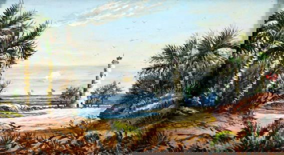Antique early 20C American oil painting: ARTIST: - (American, early 20 century) TITLE: Tropical Coastal Landscape with Lighthouse MEDIUM: oil on board CONDITION: Overall good. No visible inpaint under UV light. N