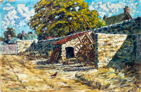Antique mid 20C American oil painting signed: ARTIST: - (American, mid 20 century) NAME: Country Landscape YEAR: 1943 MEDIUM: oil on canvas. Canvas applied to board. CONDITION: Minor damages to edges. Few scrathes/p