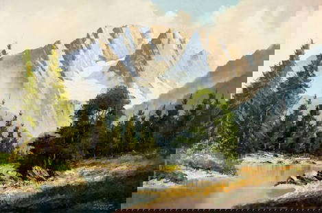 Rudolf Adamek (Europe,20C) oil painting: ARTIST: Rudolf Adamek (European, 20 century) TITLE: Mountain Landscape MEDIUM: oil on canvas CONDITION: Unstretched (In-House stretching available). Missing a few flakes of