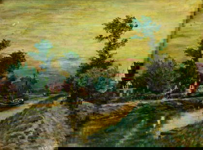 Vintage mid 20C American oil painting signed: ARTIST: - (American, mid 20 century) TITLE: Sunset Village Landscape MEDIUM: oil on canvas board CONDITION: Few very minor scratches/paint losses by the right edge. Some s