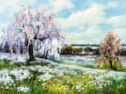 Sang M Lee (South Korea,US,1949-?) oil painting: ARTIST: Sang M Lee (South Korean, American, 1949 - ???) TITLE: Countryside Landscape with Blooming Trees MEDIUM: oil on canvas CONDITION: Unstretched (In-House stretching
