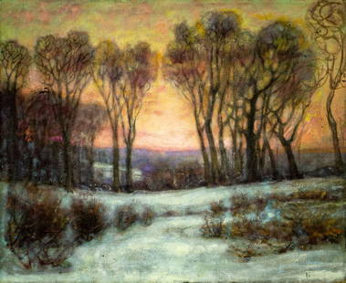 Antique early 20C American oil painting: ARTIST: - (American, early 20 century) TITLE: Sunset Winter Landscape MEDIUM: oil on canvas CONDITION: Some damages to lower corners of canvas. Some small scratches/paint