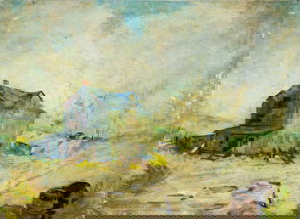 Theodore Gramm (PA,1888-1961) oil painting: ARTIST: Theodore Kennedy Gramm (Pennsylvania, 1888 - 1961) TITLE: Country Landscape with House MEDIUM: oil on canvas CONDITION: One patch. Some scratches/paint losses (see
