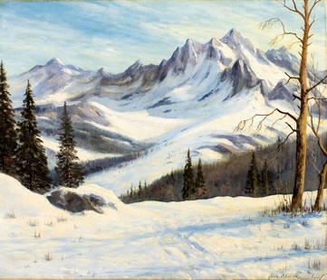 Jens Bennedsen (Denmark,Sweden,1893-1967) oil painting: ARTIST: Jens Christian Bennedsen (Danish, Swedish, 1893 - 1967) TITLE: Winter Mountain Landscape MEDIUM: oil on canvas CONDITION: Missing a few flakes of paint. Some craq