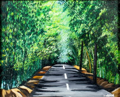 J Williams (Jamaica,20C) oil painting: ARTIST: J Williams (Jamaican, 20 century) TITLE: Jamaican Tropical Forest Landscape MEDIUM: oil on canvas CONDITION: Very good. No visible inpaint under UV light.