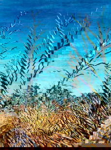 Evelyn Metzger (NY,Brazil,1911-2007) oil painting: ARTIST: Evelyn Borchard Metzger (New York, Brazilian, 1911 - 2007) TITLE: Cornfield Landscape MEDIUM: oil on board CONDITION: Some small damages to corners. Some small scr