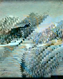 Vintage mid 20C American oil painting signed: ARTIST: - (American, mid 20 century) TITLE: Winter Country Landscape MEDIUM: oil on canvas. Canvas applied to board. CONDITION: Minor paint losses mostly along edges. Mino