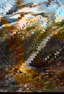 Antique 19C American oil painting: ARTIST: - (American, 19/20 centuries) TITLE: Forest Stream Landscape YEAR: circa 1900 MEDIUM: oil on board CONDITION: Few small paint losses. Minor damag