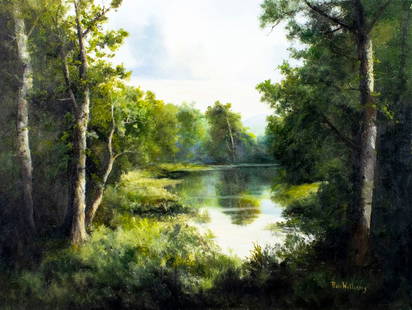 Ron Williams (TN,1947-2016) oil painting: ARTIST: Ron Williams (Tennessee, 1947 - 2016) TITLE: Forest Lake Landscape MEDIUM: oil on canvas CONDITION: Very good. No visible inpaint under UV light. Normal wear along