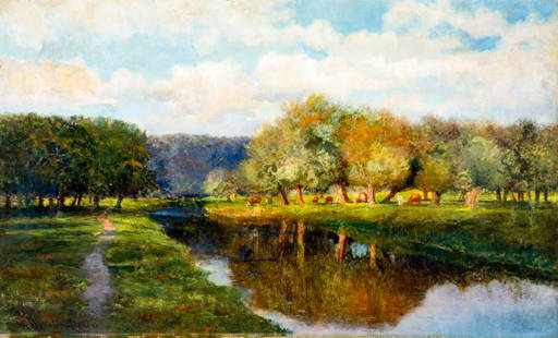 Robert Van Boskerck (NY,NJ,1855-1932) oil painting antique: ARTIST: Robert Ward Van Boskerck (New York, New Jersey, Europe, 1855 - 1932) TITLE: River Landscape MEDIUM: oil on canvas CONDITION: Relined. Minor scratches/paint losses
