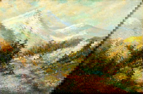 A Newman (US,early 20C) oil painting antique: ARTIST: A Newman (American, early 20 century) TITLE: Mountain Village Landscape MEDIUM: oil on canvas CONDITION: Few patches. Some small scratches/paint losses. Some scatter